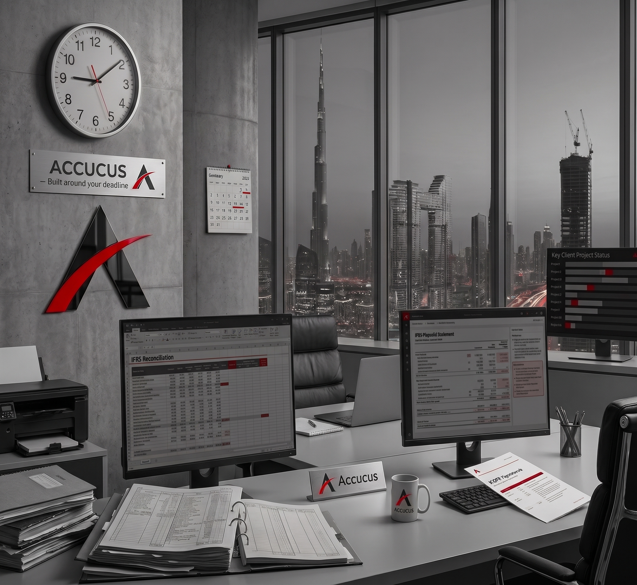 Accucus office in Dubai with IFRS reconciliation and client project status on screen