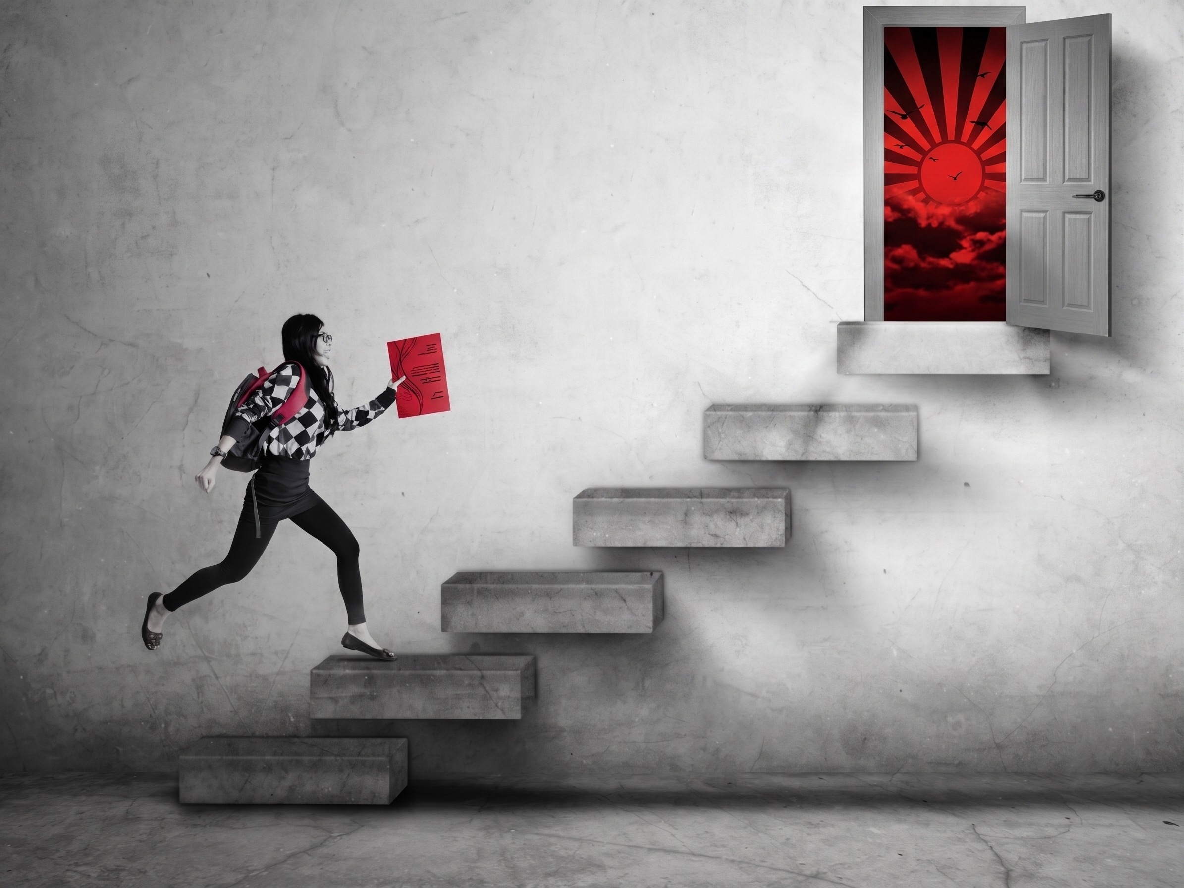 A candidate climbing steps towards an open door, representing career progression at Accucus