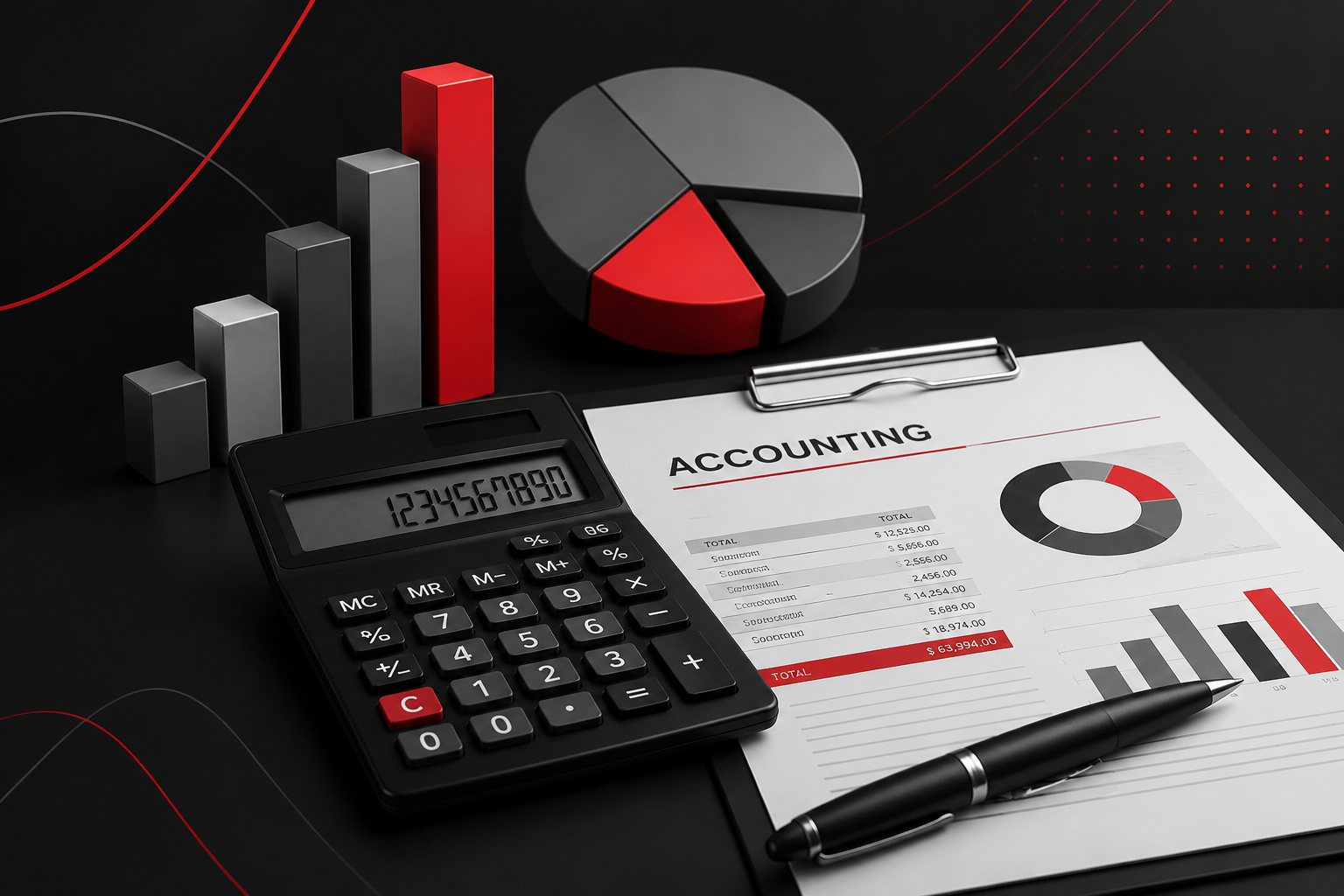 Accounting report with calculator, bar chart and pie chart