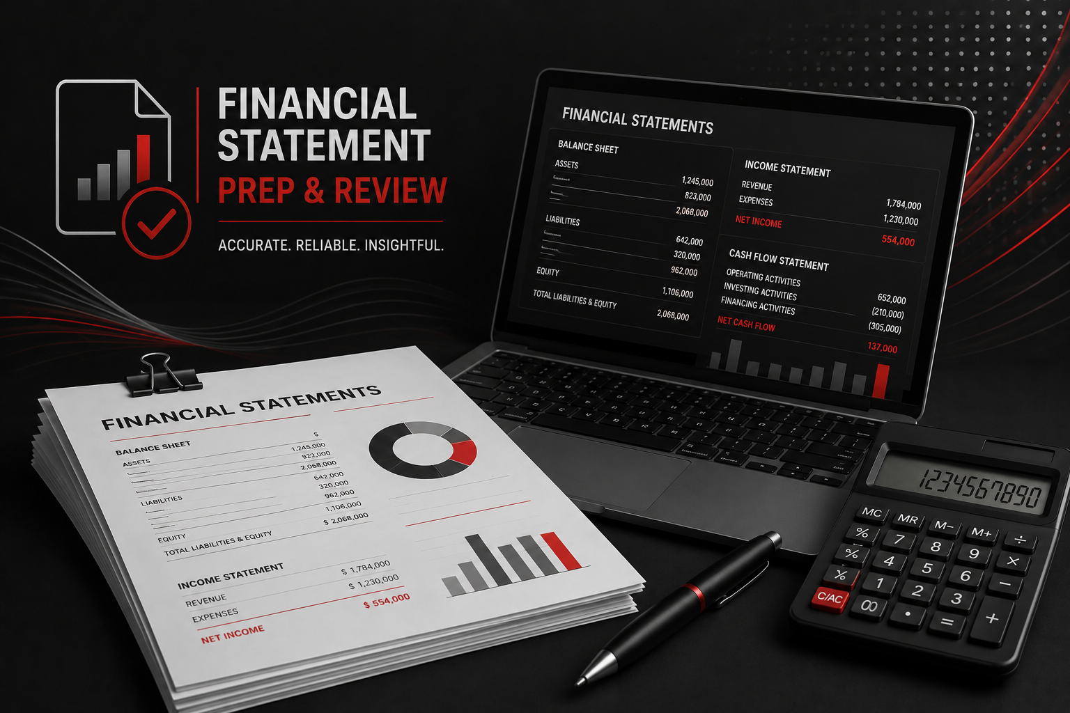 Financial statement preparation and review, showing balance sheet, income statement and cash flow